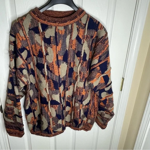 Bergati Coogi Style 3D Knit Sweater Vintage 90s Cable Multicolor Textured Sz Med